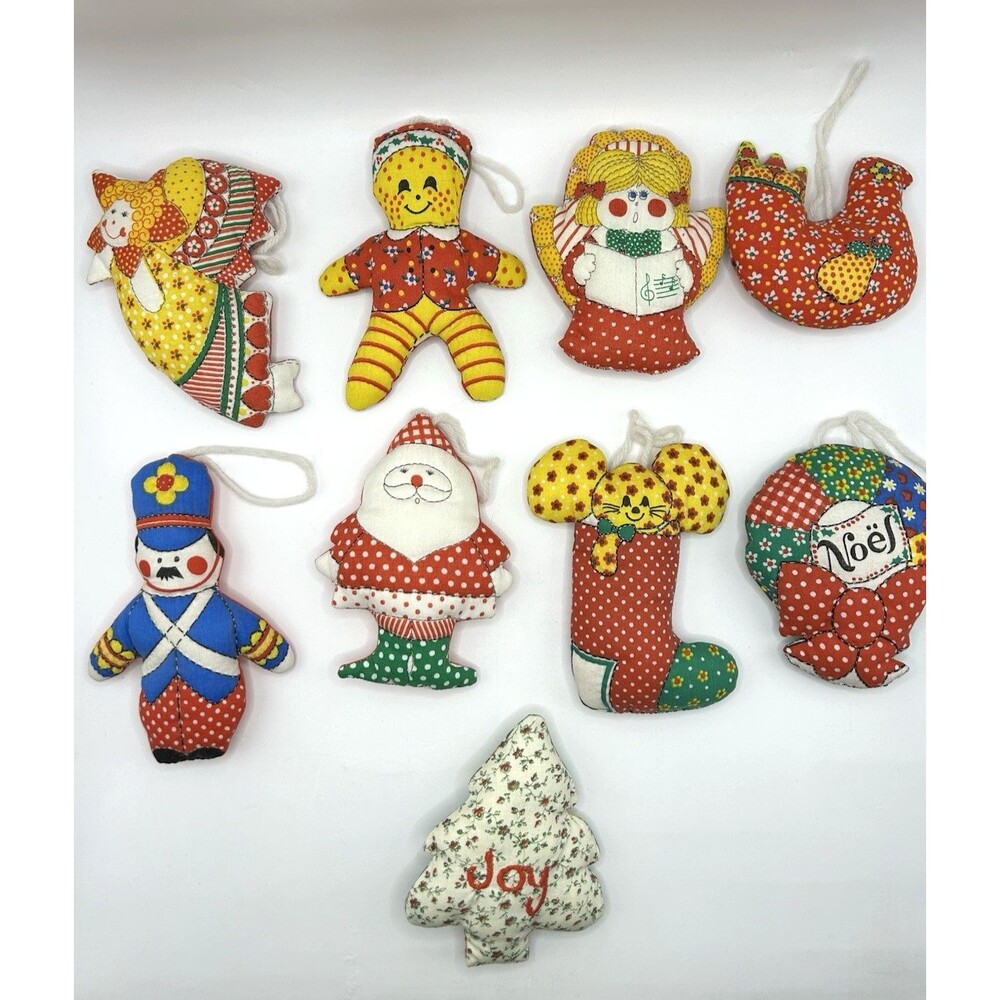 Vintage Plush Fabric Stuffed Christmas Ornaments Handmade 70s Lot Of 9